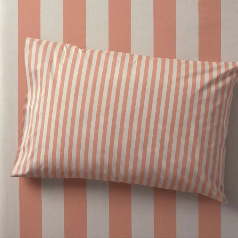 Crate&Barrel Riviera Terracotta Pink Stripe Organic Cotton Kids Pillowcase