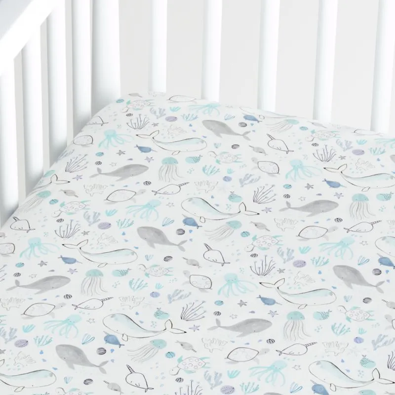 Crate&Barrel Stay Cool Sea Organic Cotton Baby Crib Fitted Sheet