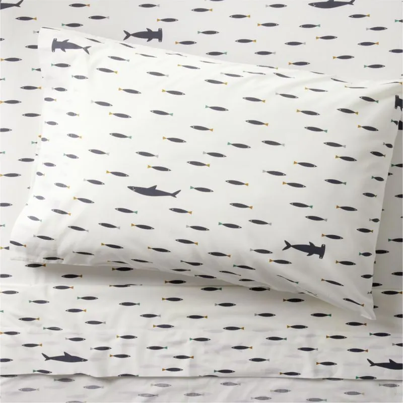 Crate&Barrel Stay Cool Shark School Organic Cotton Percale Kids Twin Sheet Set