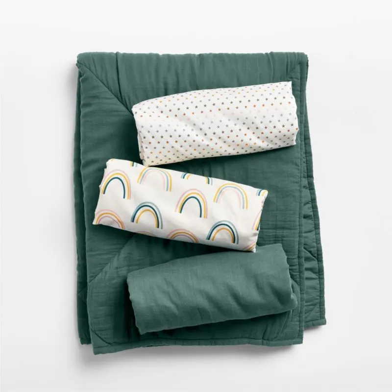 Crate&Barrel Supersoft Cool Pine Cotton Gauze Baby Crib Quilt