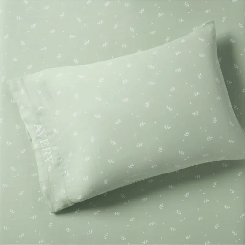 Crate&Barrel Supersoft Muted Teal Leaf Print Organic Cotton Gauze Kids Pillowcase