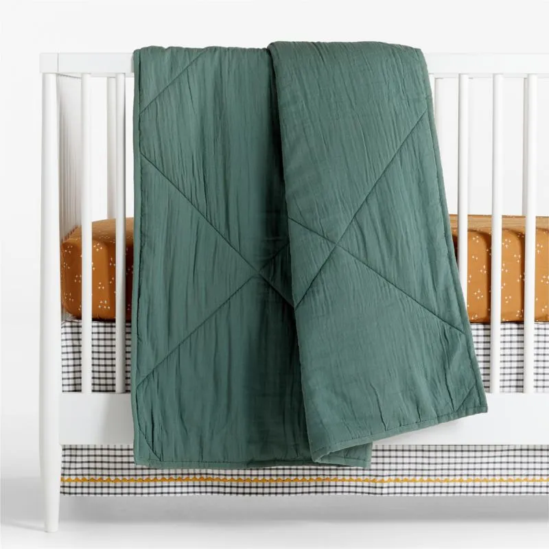 Crate&Barrel Supersoft Pine Green Cotton Gauze Baby Crib Quilt