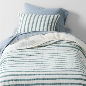 Crate&Barrel Teal Striped Waffle Weave Organic Cotton Kids Twin Quilt