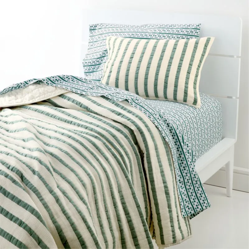 Crate&Barrel Teal Striped Waffle Weave Organic Cotton Kids Twin Quilt