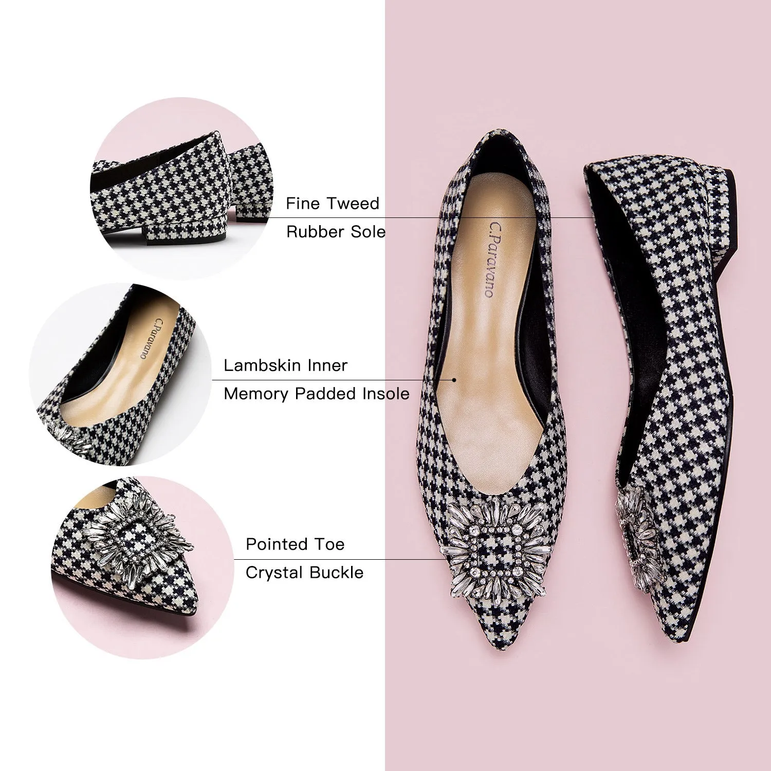 Crystal Buckle Tweed Flats (Aida) Houndstooth