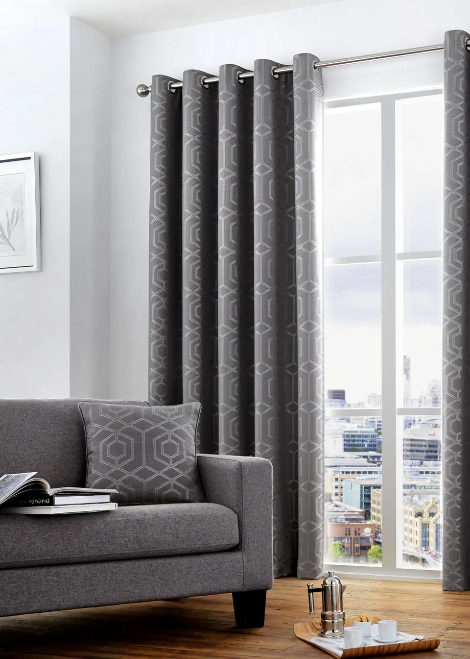 Curtina Camberwell Jacquard Grey Eyelet Curtains