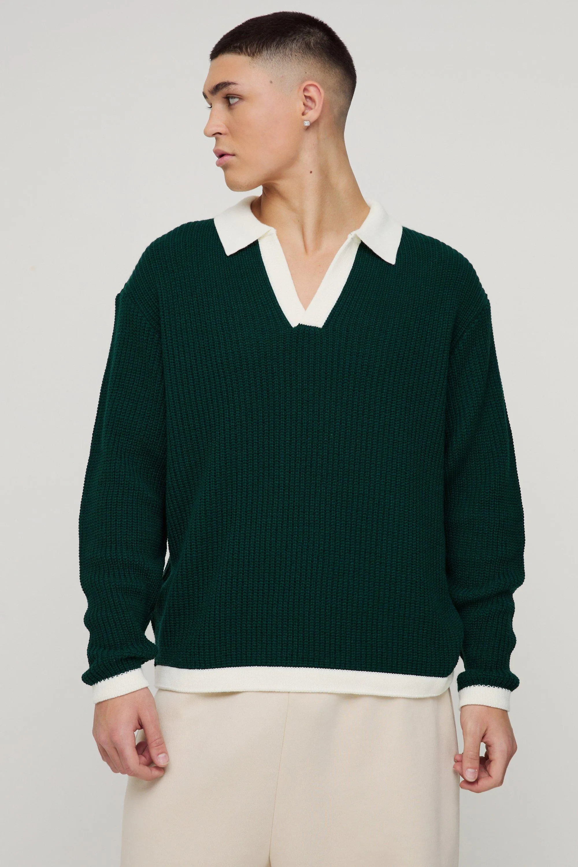 Oversized Boxy Knitted Revere Contrast Polo