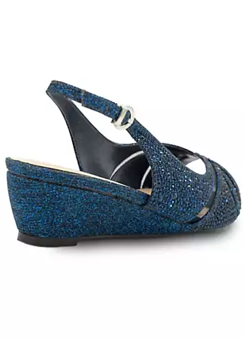 Paradox London Navy Wide Fit Glitter Sling Back Wedge Sandals | Grattan