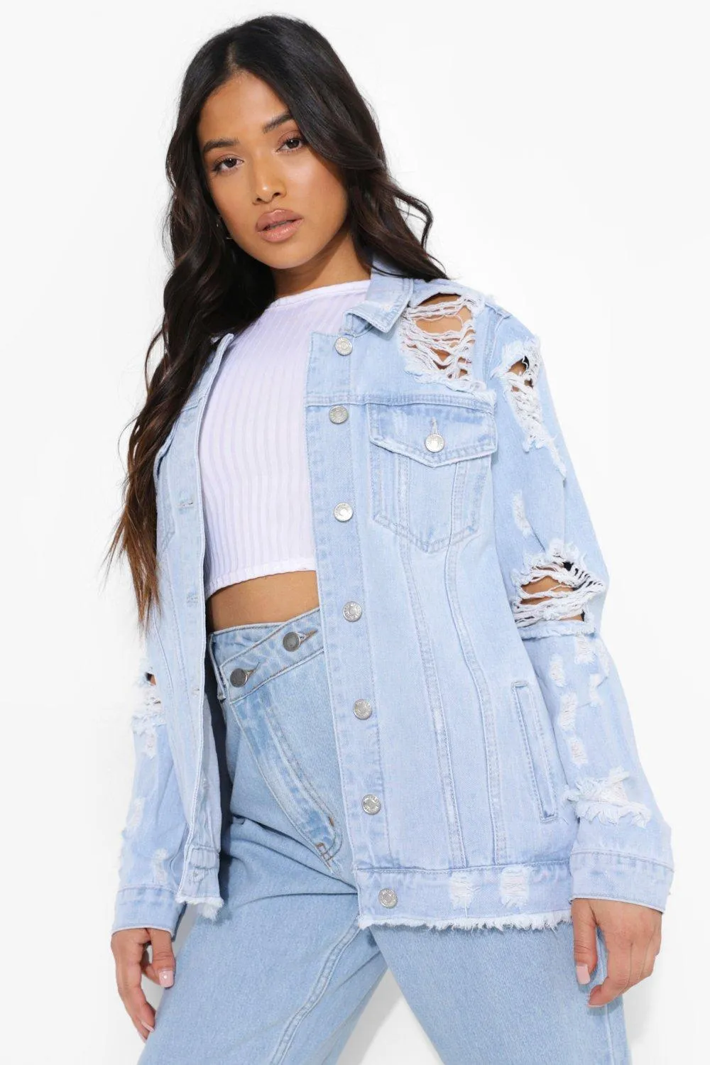 Petite Bleached Distressed Denim Jacket