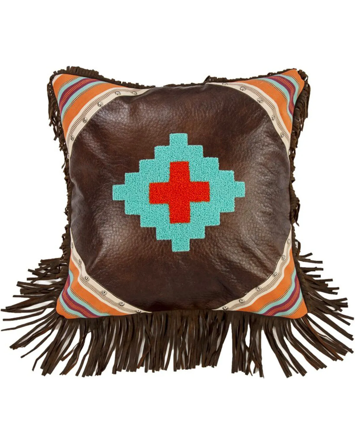 Product Name:  HiEnd Accents Brown Embroidered Southwestern Fringe Pillow