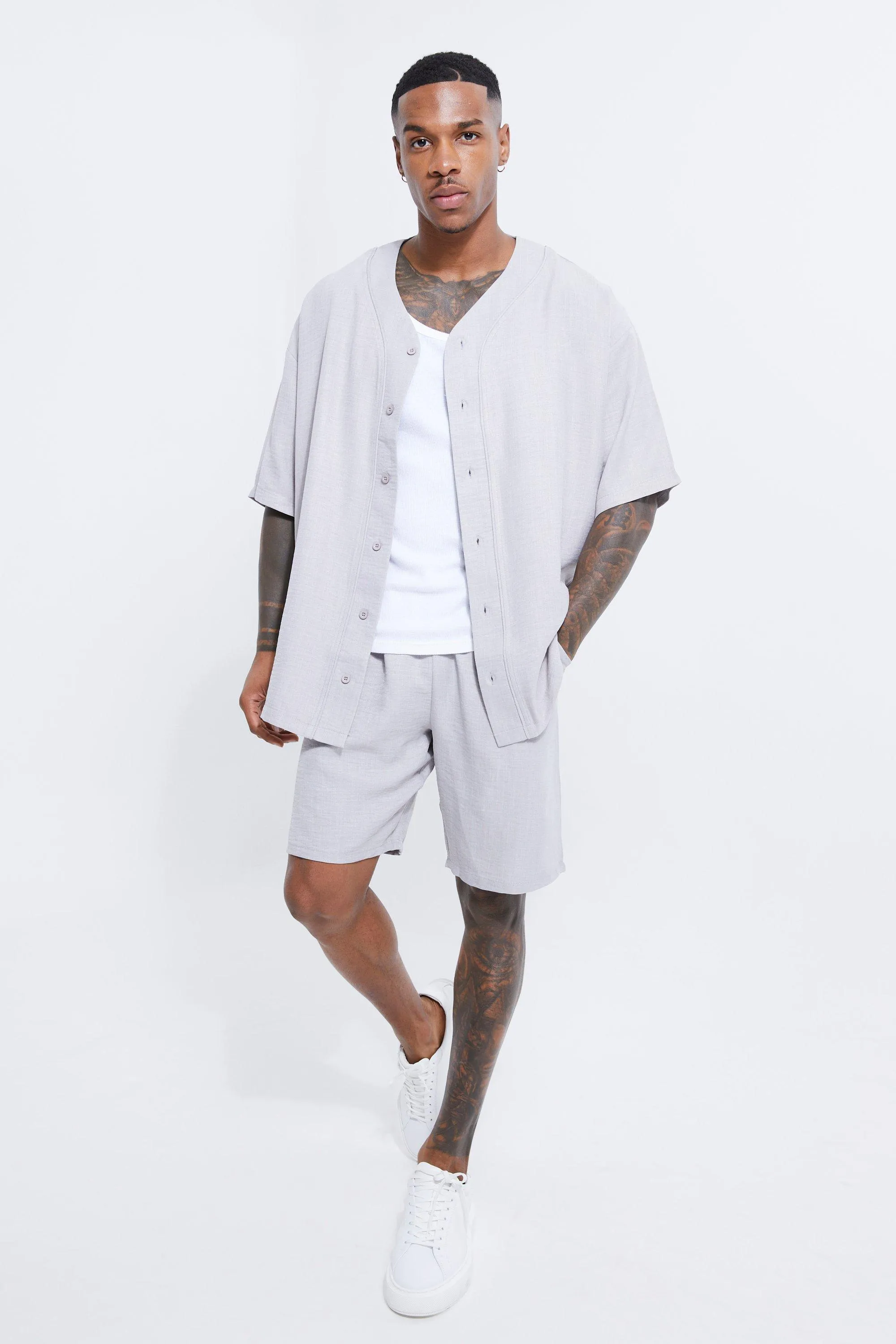 Short Sleeve Oversized Linen Baseball Shirt & Short Set | boohooMAN UK