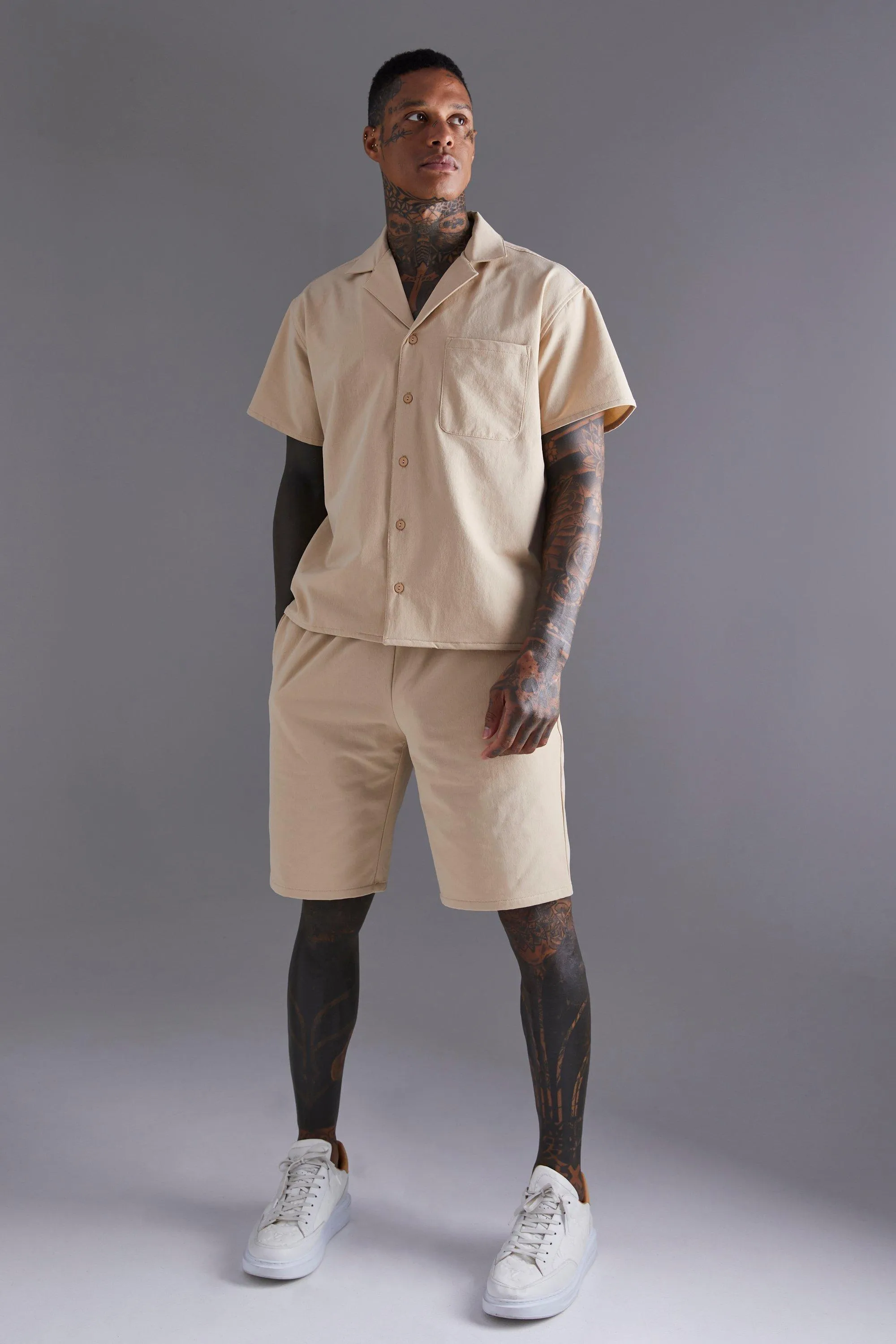 Short Sleeve Revere Boxy Technical Shirt & Short Set | boohooMAN UK