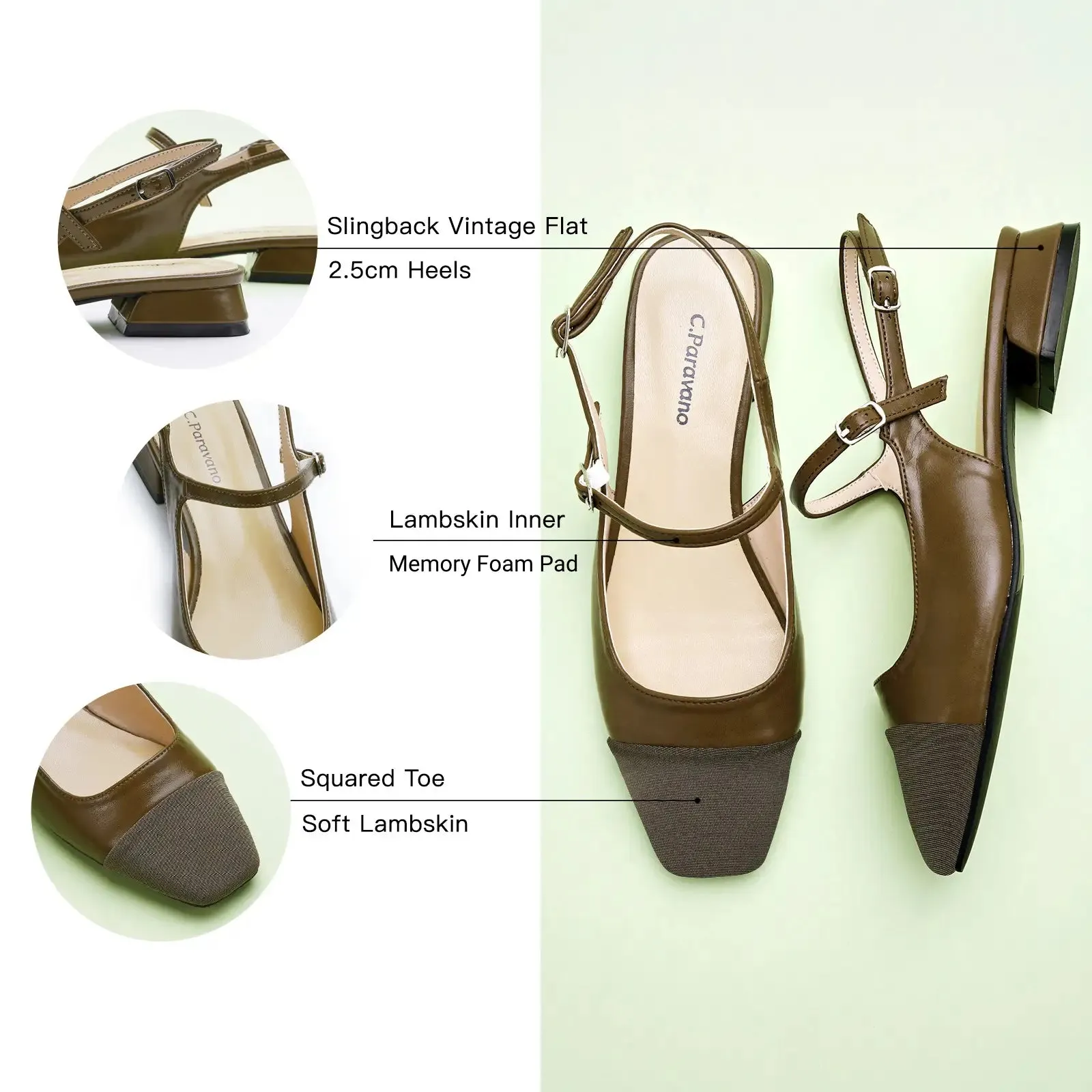 Square-Toe Slingback Flats (Felicia) Adobe Brown