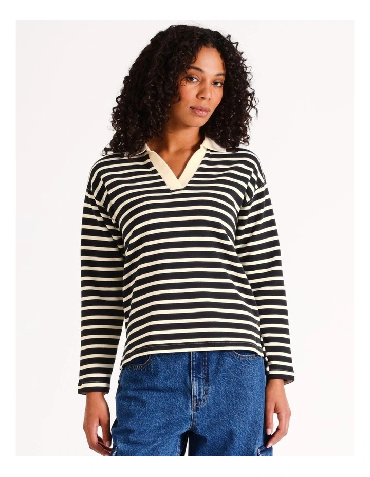 Striped Polo Sweat Top in Black