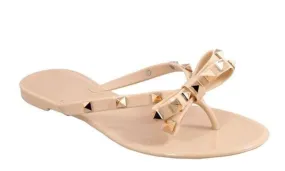 STUDDED BOW JELLY THONG SANDALS