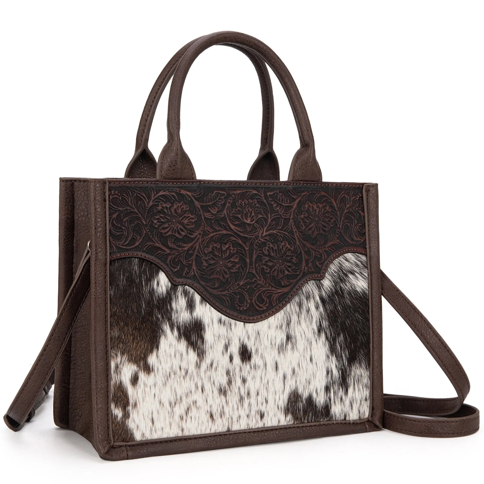 TR178G-8899   Trinity Ranch Hair On Cowhide Floral Tooled Concealed Carry Tote/Crossbody - Coffee