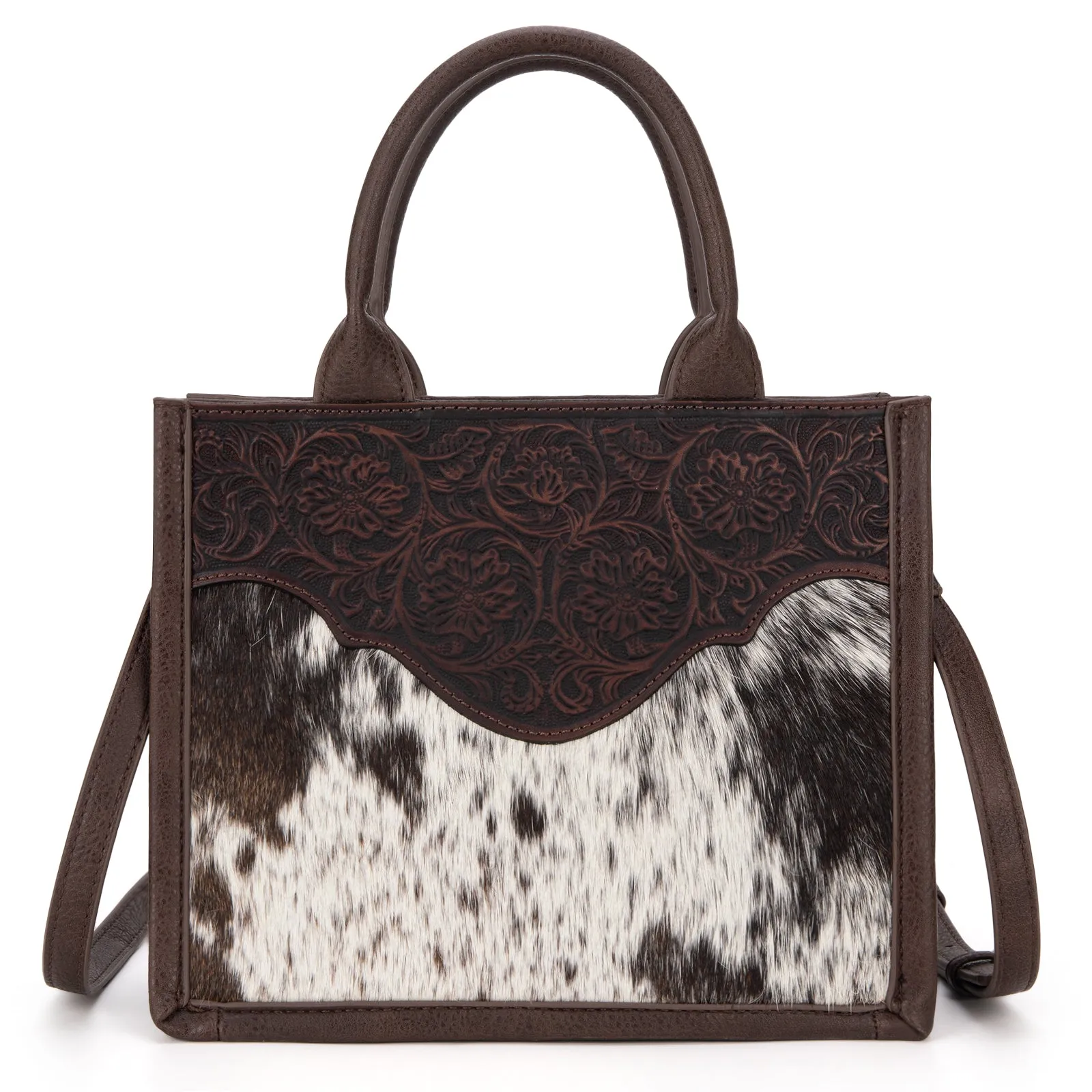 TR178G-8899   Trinity Ranch Hair On Cowhide Floral Tooled Concealed Carry Tote/Crossbody - Coffee