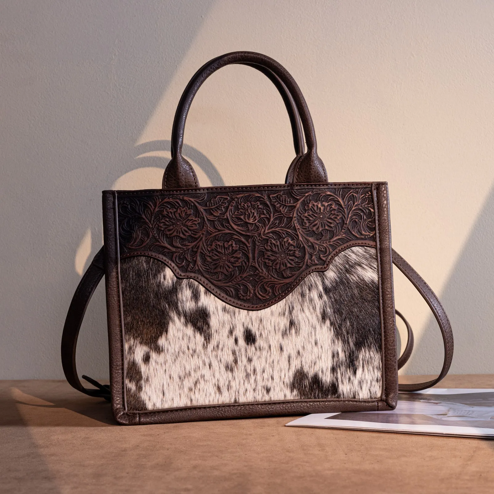 TR178G-8899   Trinity Ranch Hair On Cowhide Floral Tooled Concealed Carry Tote/Crossbody - Coffee