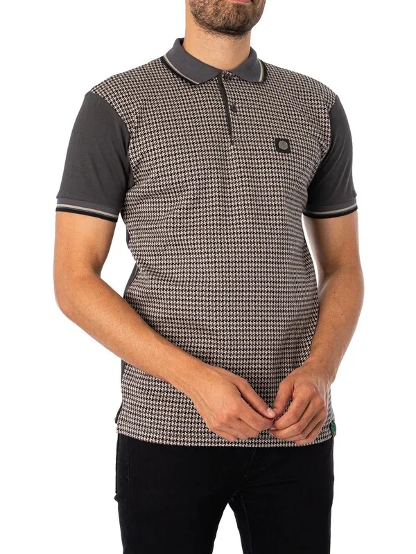 Trojan Houndstooth Panel Polo Shirt - Charcoal