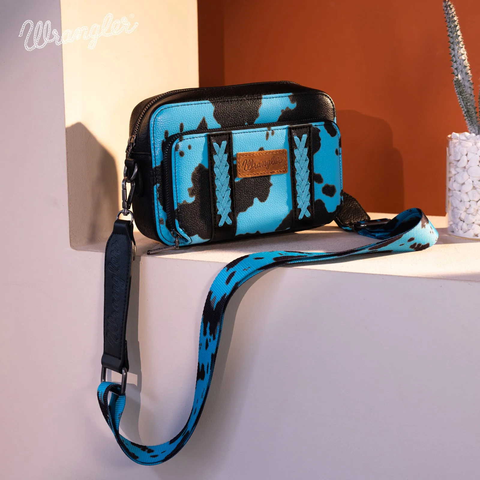 WG133-3003  Wrangler Cow Print Crossbody Purse With Wallet Compartment - Turquoise