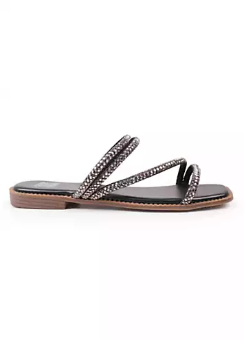 Where’s That From Dream Black Diamante Strappy Flat Sandals | Kaleidoscope