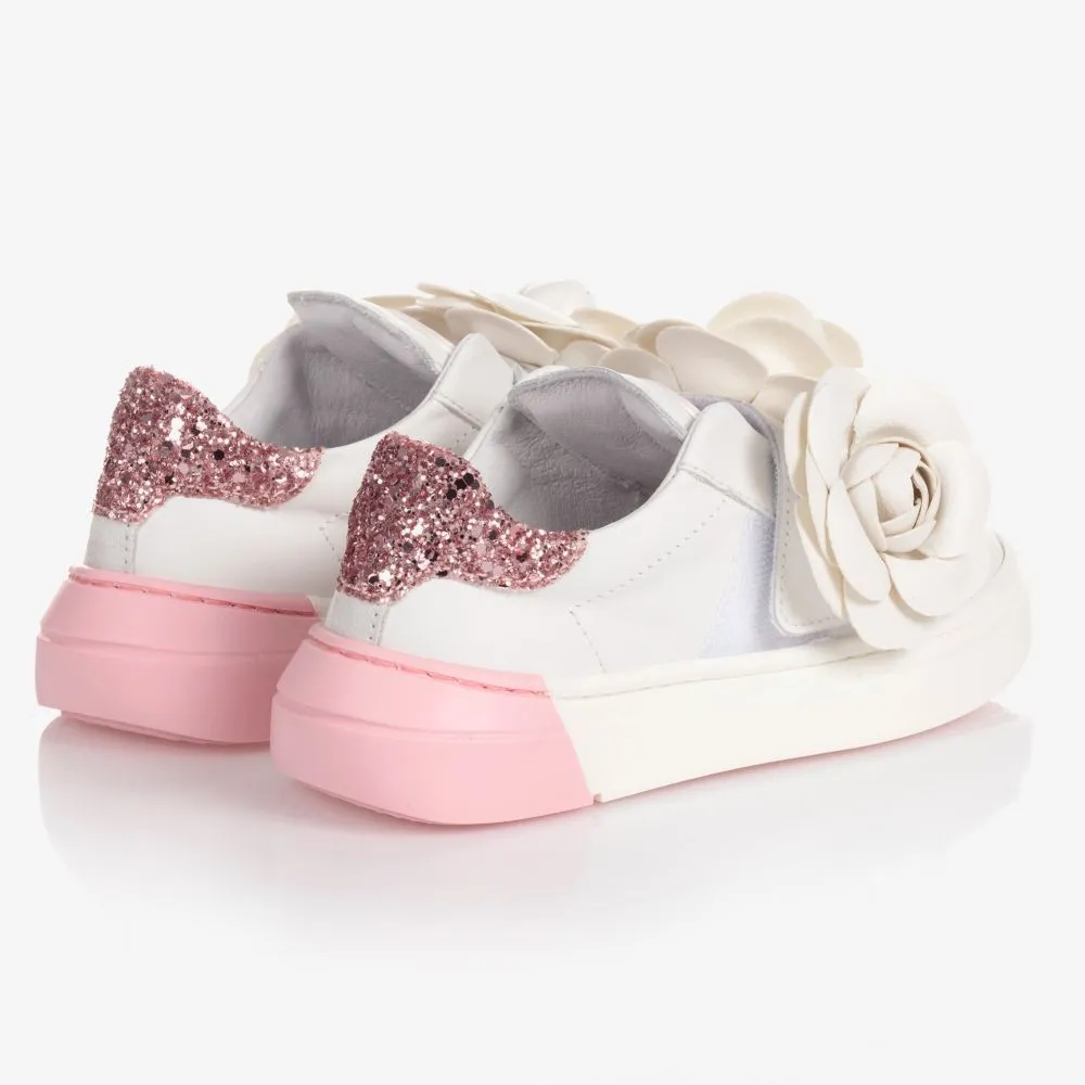 White Leather Flower Trainers