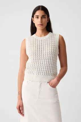 White Linen Blend Crew Neck Knit Sleeveless Vest